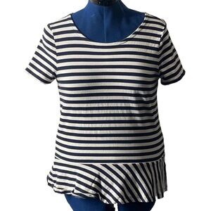 J.Crew Navy Blue White Striped Peplum Short Sleeve Top Cotton Medium Ruffled Hem
